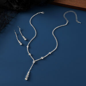 Silver‑Tone Y‑Shape Rhinestone Bridal Necklace Earrings Set Wedding Jewelry for Women Gift