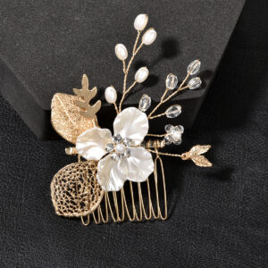 Vintage Floral Pearl Rhinestone Hair Comb Golden Filigree Leaf Twig Hairpiece Bride Updo Hair Jewelry