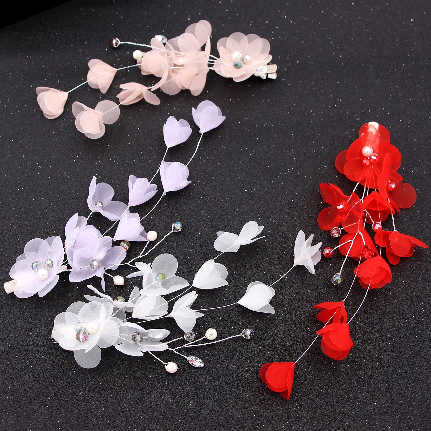 Multi‑Color Chiffon Flower Pearl Crystal Bridal Hair Clip Long Vine Side Hair Accessory for Women Gift