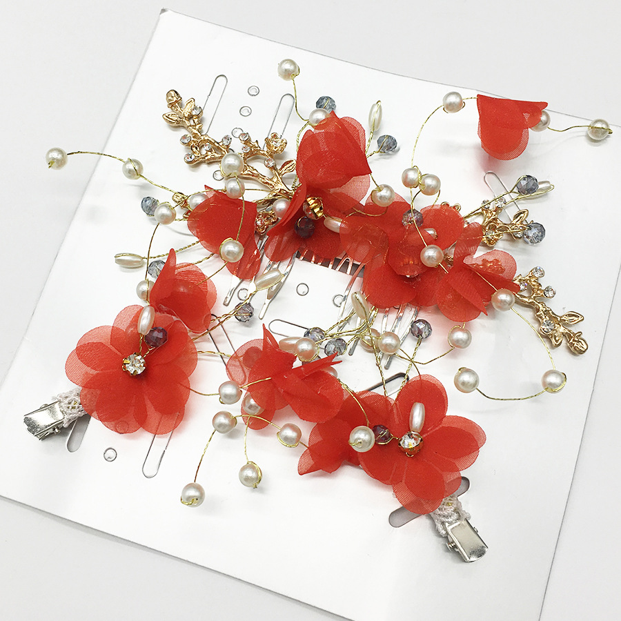 Red Chiffon Flower Pearl Crystal Gold‑Wire Bridal Hair Comb And Clips Wedding Accessory Set for Women Gift