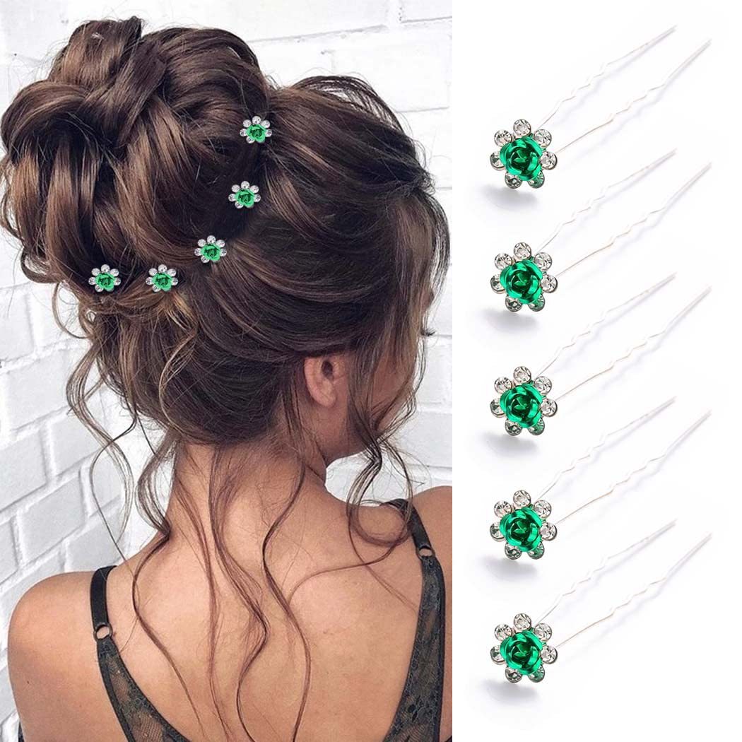Green Rose Flower Rhinestone Silver U‑Shaped Hair Pins Bridal Hair Accessories for Women Gift
