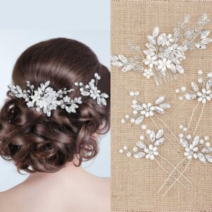 Handmade Crystal Pearl Flower Vine Hair Comb & Hairpin Pack, Elegant Wedding Bridesmaid Side Hair Decor