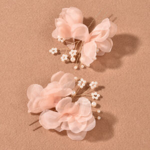 Dusty Pink Fabric Floral Pearl Hairpin Set Handmade Soft Organza Flower Hair Sticks Bride Romantic Updo Hair Jewelry