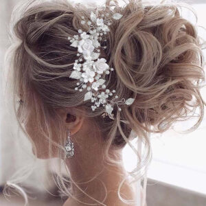 Vintage White Rose Floral Hair Vine Silver Wire Rhinestone Leaf Hair Accessory Bohemian Wedding Bridesmaid Side Hair Piece