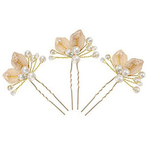 Dainty Golden Fabric Leaf Pearl Hairpin Pack, Crystal Accent Twig Hair Sticks for Bride & Bridesmaid