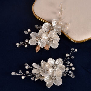 Vintage Iridescent Shell Petal Hair Pins, Silver & Gold Tone Leaf Crystal Pearl Wedding Hair Accessories for Bride