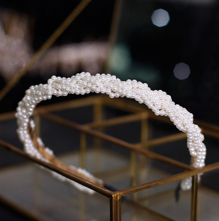 Twisted Braided Pearl Headband, Handmade Multi-Row White Pearl Beaded Hair Hoop for Women Wedding Bridal