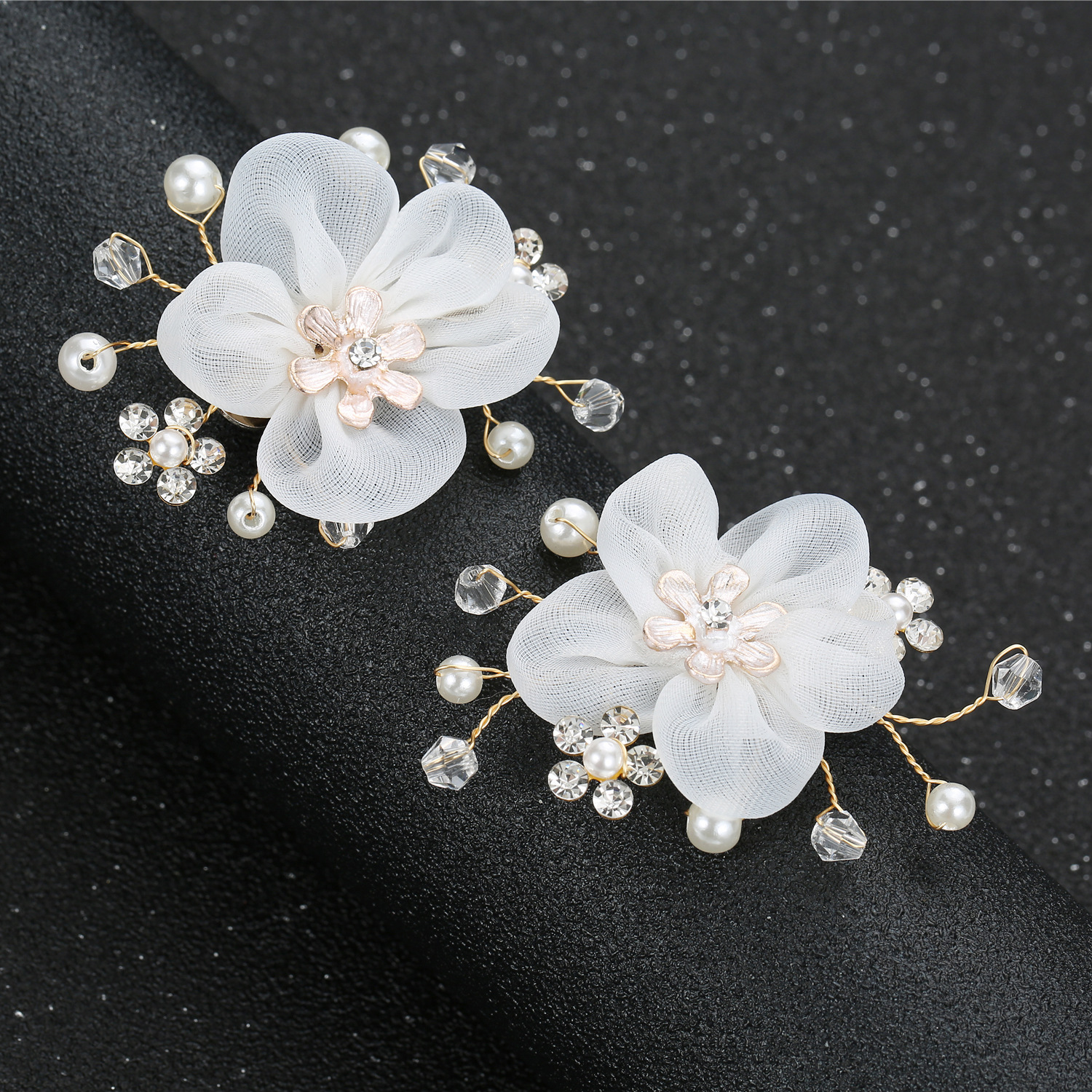 Fairy Soft Fabric Floral Hair Clips, Dainty Pearl Beaded Hair Barrettes for Wedding, Party & Bridal Photoshoot