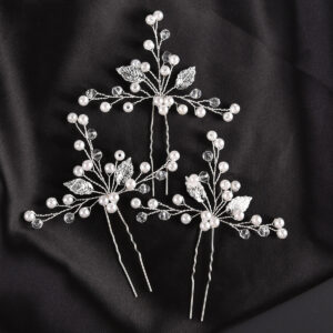 Silver Leaf Pearl Crystal Hairpin Set Bohemian Wedding Bridal U Shaped Hair Sticks