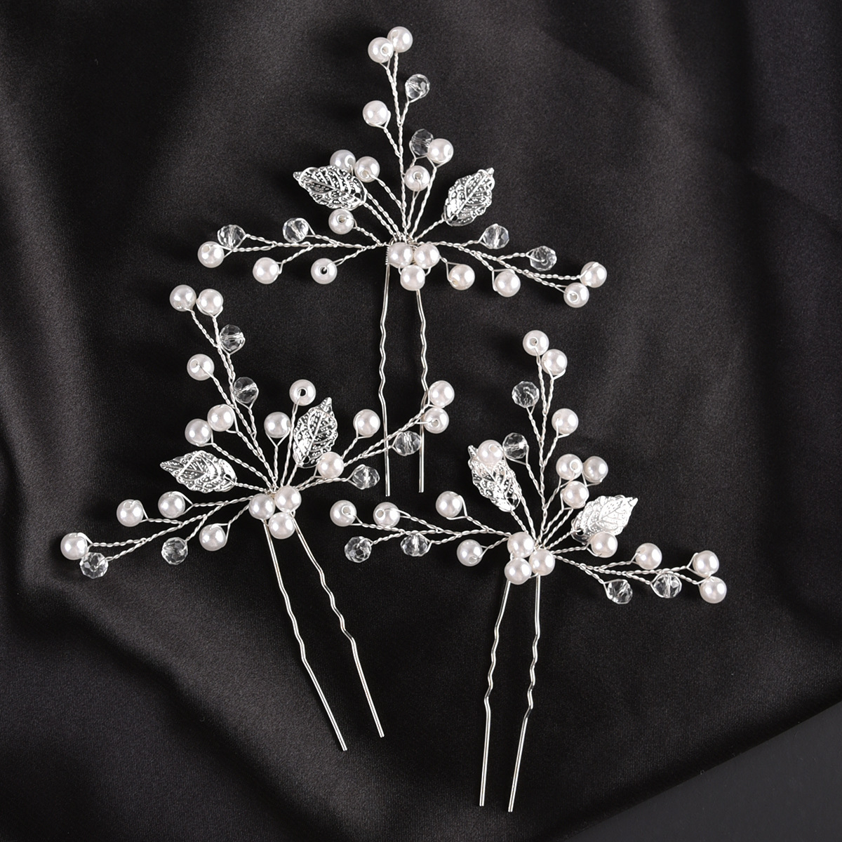 Silver Leaf Pearl Crystal Hairpin Set Bohemian Wedding Bridal U Shaped Hair Sticks