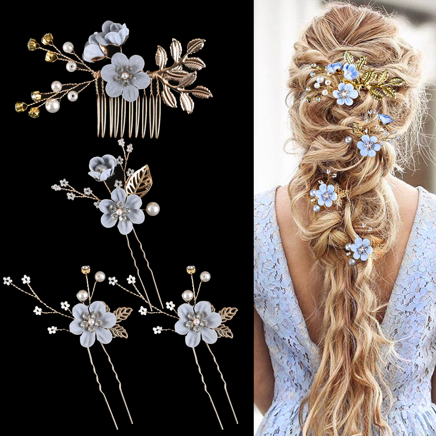 Dusty Blue Flower Pearl Hair Comb & Hairpin Set Bohemian Wedding Bridesmaid Hair Jewelry