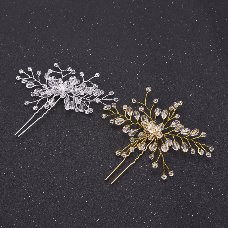 Crystal Bead Branch Hairpin Golden Silver Wire Wedding Bridal U Shaped Hair Stick