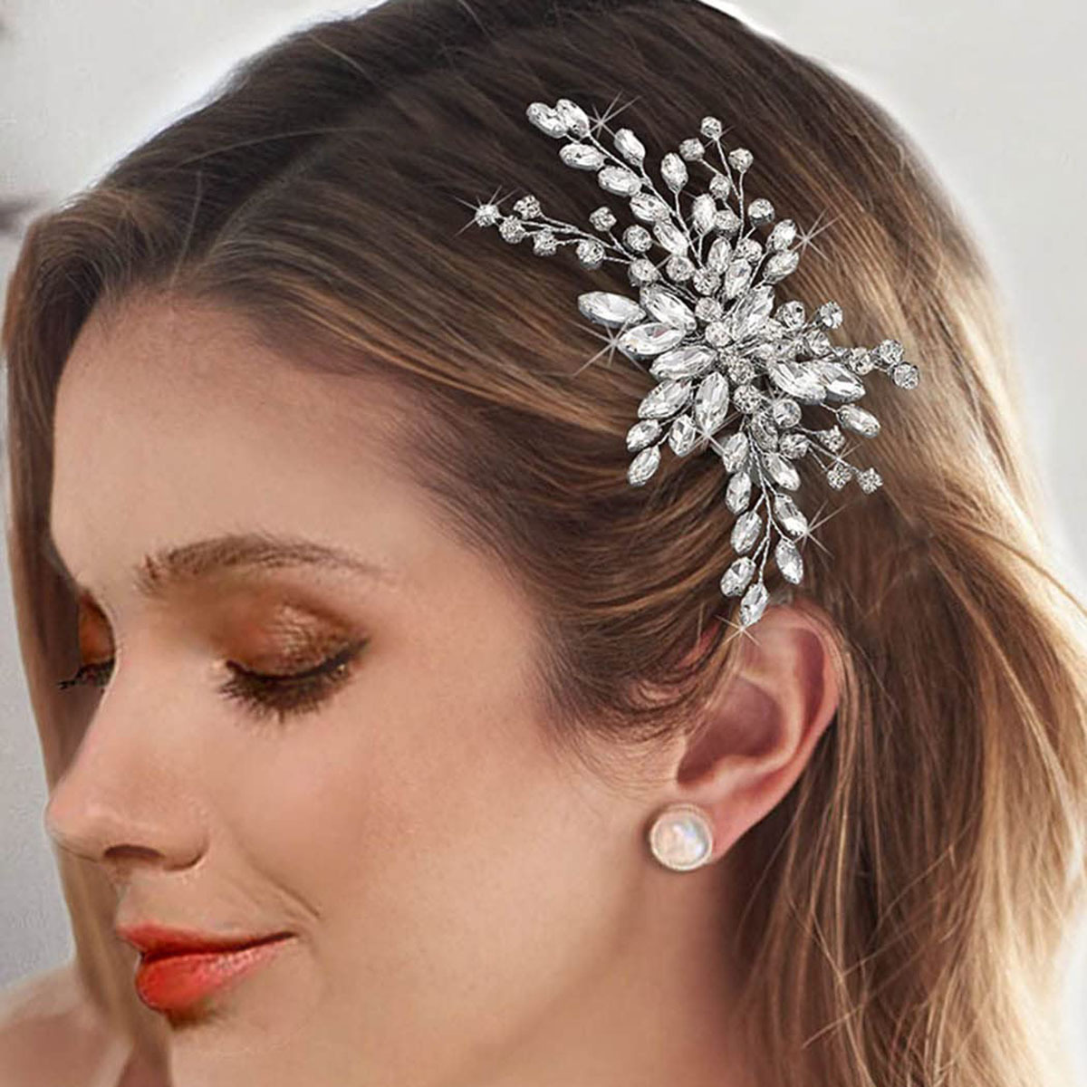 Silver Rhinestone Floral Hair Comb Sparkling Crystal Wedding Bridal Side Hair Jewelry
