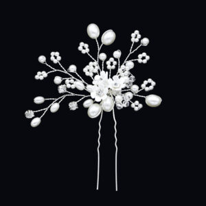 Pearl Crystal Flower Twig Hairpin Silver U Shaped Hair Stick Wedding Bridal Hair Jewelry