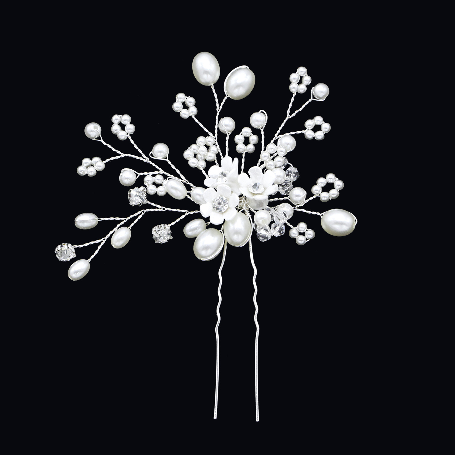 Pearl Crystal Flower Twig Hairpin Silver U Shaped Hair Stick Wedding Bridal Hair Jewelry