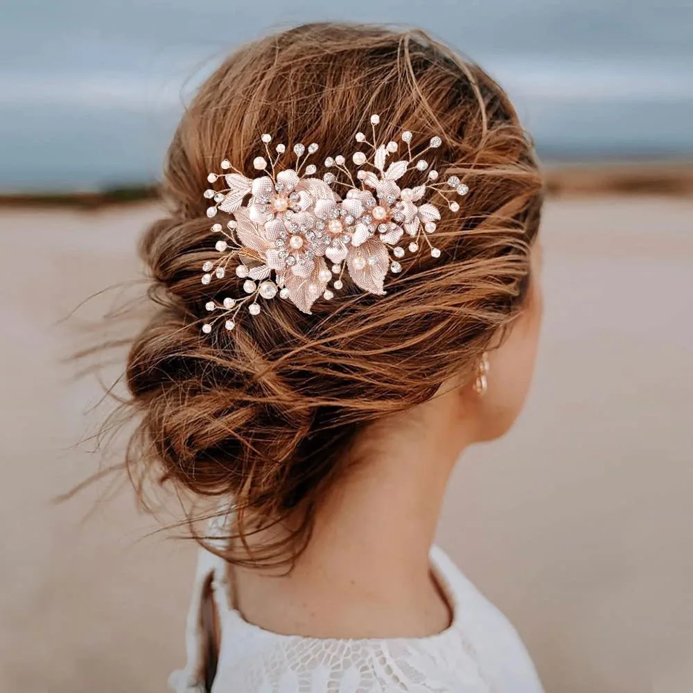 Rose Gold Pearl Crystal Leaf Hair Comb Bohemian Wedding Bridal Side Hair Jewelry