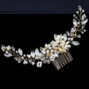 Gold Crystal Pearl Wedding Hair Comb Bridal Floral Hairpiece
