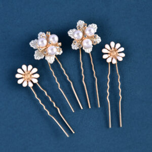 Wedding Bridal Hair Pins Set, Gold Tone White Enamel Flower Pearl Rhinestone U‑Shaped Hair Pins for Bridesmaid