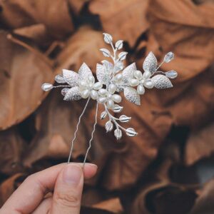 Handmade Vintage Silver Metal Leaf Branch Hair Pin with Pearl & Clear Crystal Elegant Bridal Updo Hair Fork for Wedding Prom