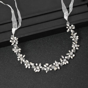 Crystal Floral Hair Vine Silver Wedding Headpiece with Ribbon