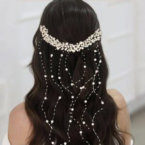 Pearl Tassel Bridal Hair Vine, Long Draping Pearl Chain Wedding Headpiece Flexible Pearl Hair Garland for Half Up Hairstyle
