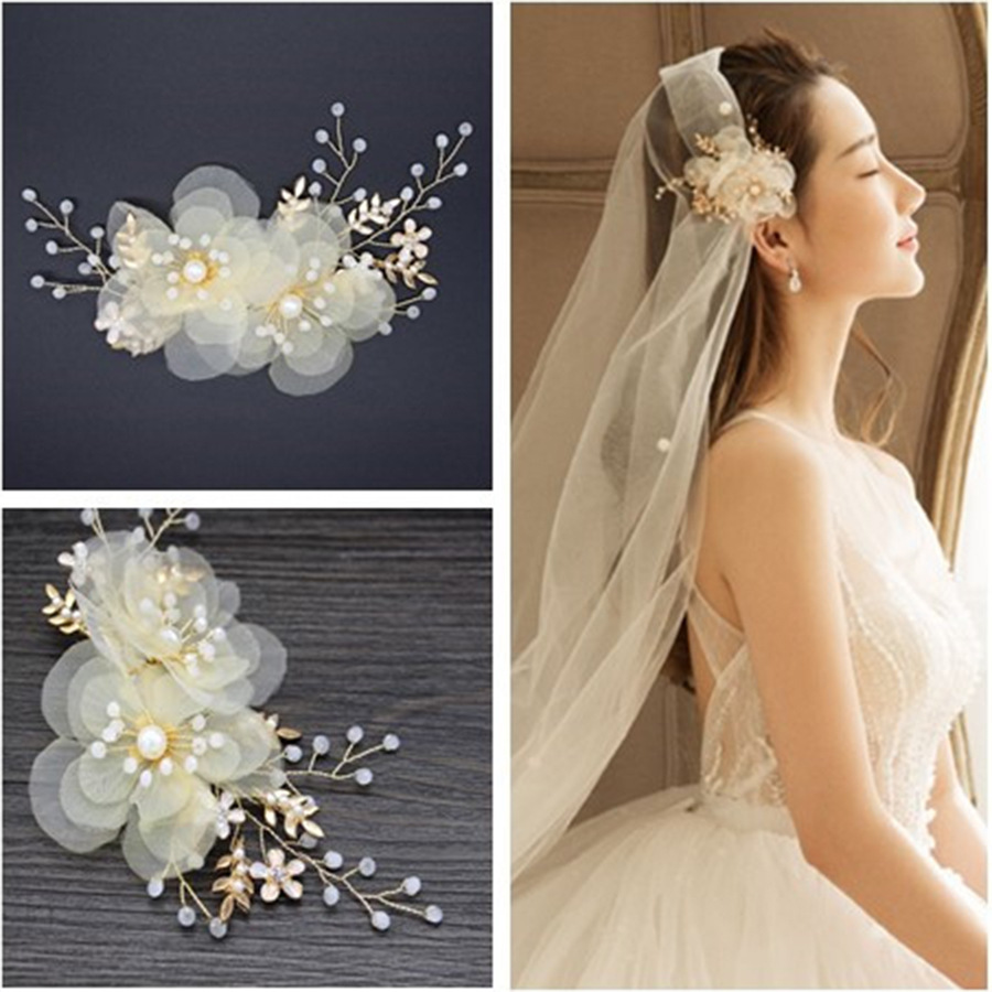 Champagne Sheer Tulle Flower Bridal Hair Clip, Handmade Organza Floral Pearl Beads Hair Barrette Wedding Hair Accessory