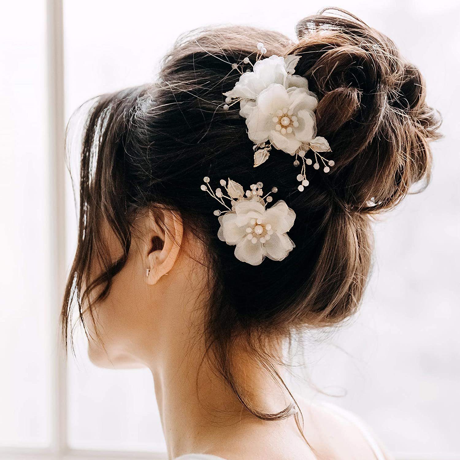 2Pcs White Tulle Flower Hair Pins, Sheer Fabric Floral Pearl Leaf Bridal Hair Clips Wedding Updo Hair Accessories Set