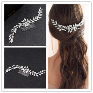 Elegant Marquise Crystal Leaf Branch Hair Comb Silver Metal Rhinestone Vine Side Hairpiece Bridal Wedding Hairstyle Decor
