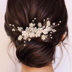Ivory Fabric Flower Pearl Bridal Hair Clip, Handmade Floral Pearl Sprig Wedding Updo Hair Barrette