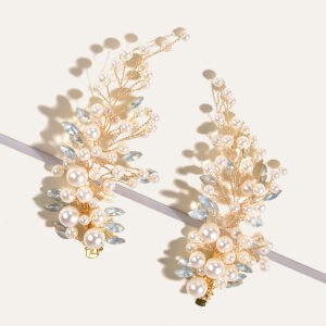 Pearl Blue Crystal Branch Hair Clips Gold Bridal Wedding Hairpin Pair
