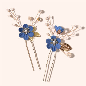 Navy Blue Floral Pearl Crystal Hairpin Pair Gold Bridal Wedding Hair Sticks