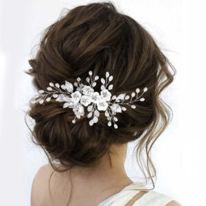 Silver Flower Leaf Pearl Hair Comb Wedding Bridal Hair Accessory