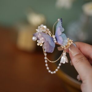 Gradient Purple Sheer Butterfly Hair Clip with Pearl Tassels, Chinese Style Floral Side Hair Barrette