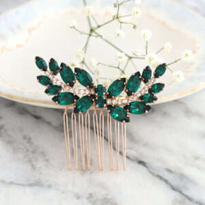 Emerald Green Leaf Rhinestone Bridal Hair Comb Rose Gold Wedding Hair Accessory