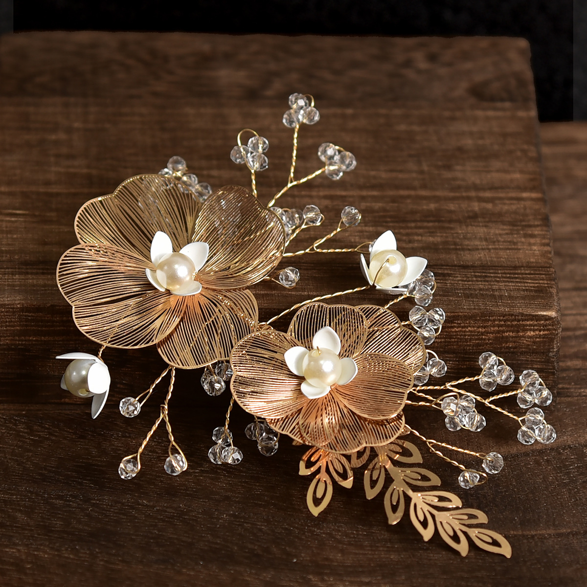 Gold Wire Floral Pearl Crystal Bridal Hair Clip Vintage Wedding Side Hair Accessory