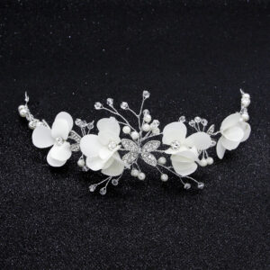 White Fabric Flower Butterfly Rhinestone Pearl Bridal Headband Silver Wedding Hair Vine