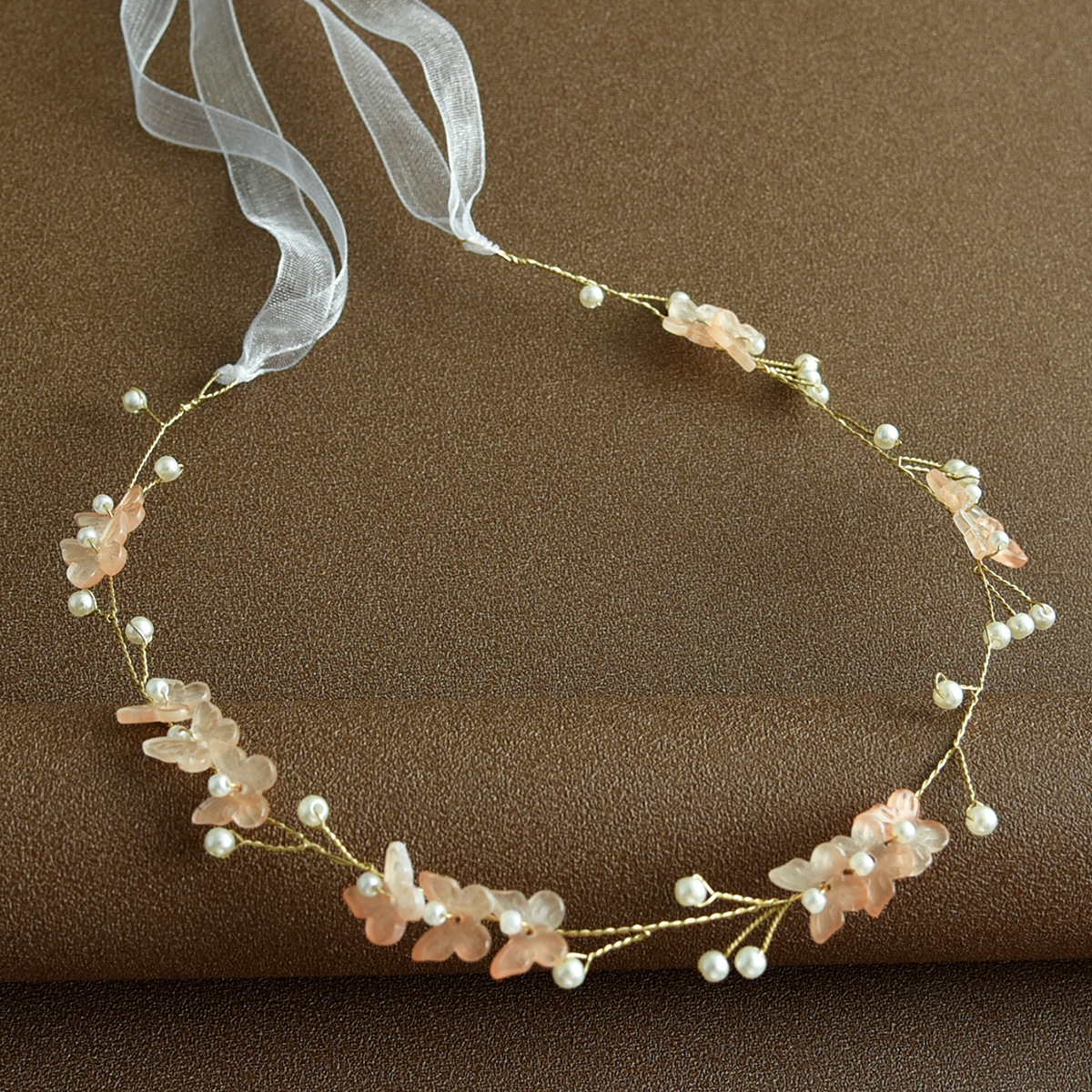 Blush Pink Flower Pearl Gold Hair Vine with Sheer White Ribbon Bridal Headband