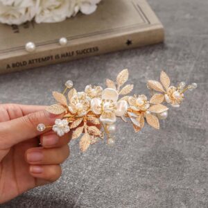 Golden Leaf Pearl Flower Crystal Bridal Hair Clip For Wedding Evening Party Wear