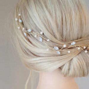 Golden Twig Pearl Crystal Flexible Bridal Hair Vine for Wedding Party Formal Wear