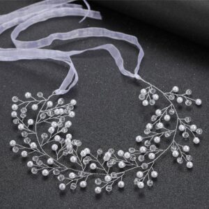 Silver Wire Pearl Crystal Ribbon Tie Bridal Hair Vine Wedding Head Accessory