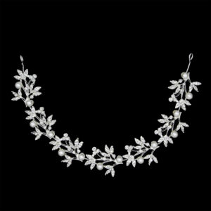 Wedding Hair Vine Headband, Silver‑Tone Leaf Rhinestone Pearl Flexible Bridal Headpiece