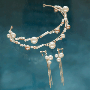 Dual‑Tone Pearl Bridal Headband Clip‑On Earrings Set Wedding Party Women Head Jewelry