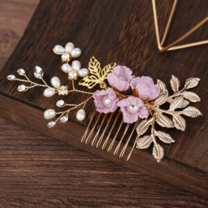 Pink Fabric Flower Pearl Leaf Crystal Bridal Hair Comb Wedding Hair Accessory
