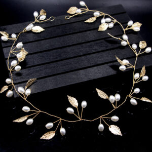Golden Leaf Pearl Flexible Vine Headband Bridal Wedding Hair Accessory