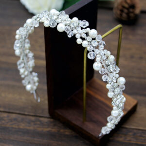 Silver Crystal Pearl Hand Woven Bridal Headband Wedding Formal Hair Tiara