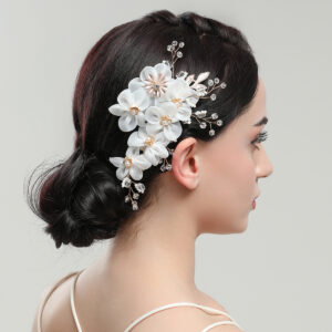 Sheer White Fabric Flower Crystal Branch Hair Comb Bridal Wedding Side Hair Accessory