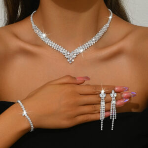 Sparkling V Shape Rhinestone Jewelry Set Necklace Earrings Bracelet Wedding Party Gift