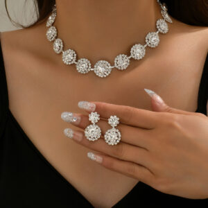 Round Cluster Rhinestone 2Pcs Necklace Earrings Set Bridal Wedding Party Women Gift