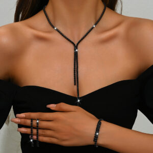 Black Rhinestone Y Drop 3 Pieces Jewelry Set Women Club Party Fashion Gift
