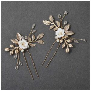 Handmade Gold Leaf White Flower Pearl Hair Pins Set Bridal Wedding Side Hair Accessory Pack